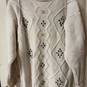 Vintage Lizsport Chunky Knit Sweater Cream Tan Fair Isle 80s 90s